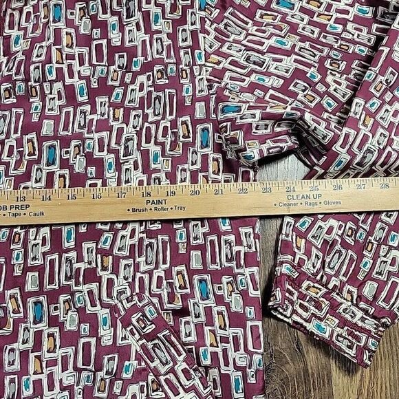 Oleg Cassini Shirt Jacket Womens Large Burgundy Geometric 100% Silk Full Zip - Picture 3 of 8
